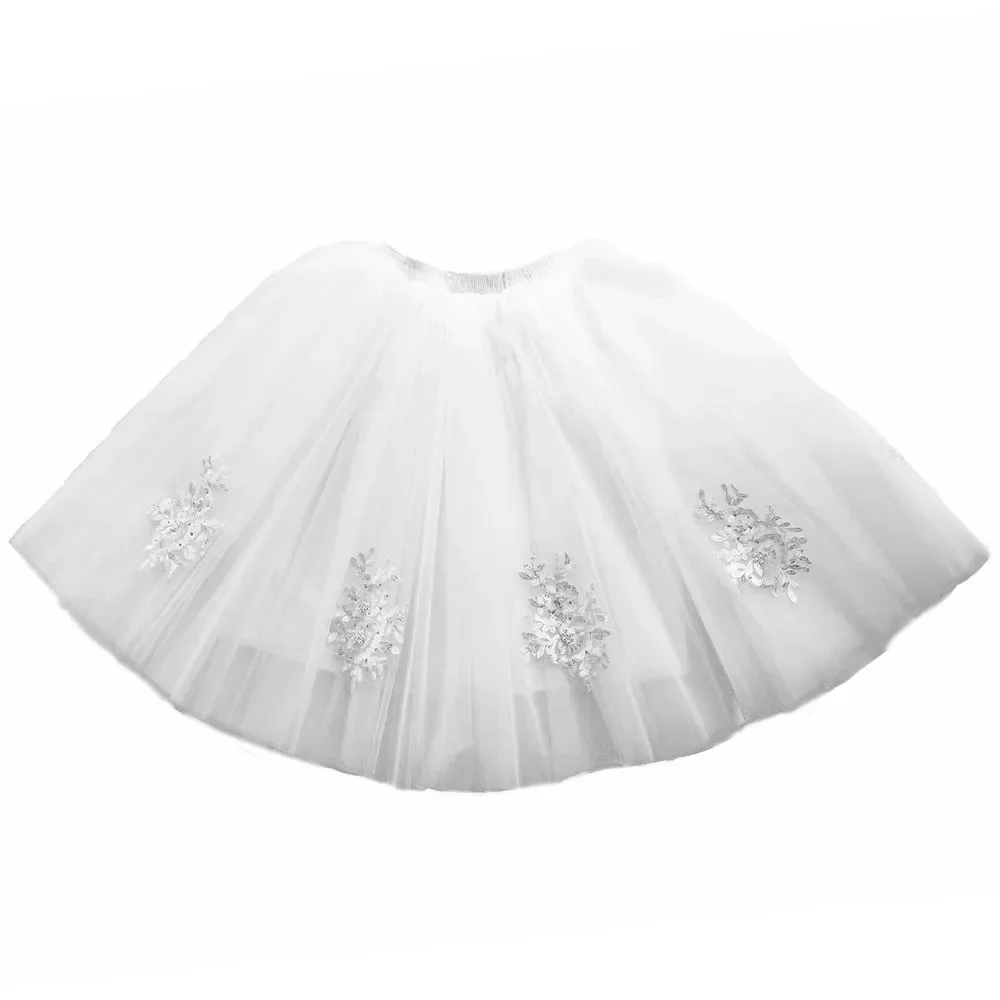 White Bridal Tulle Tutu Skirt Knee Length Lace Appliqués Pearls Beads OS